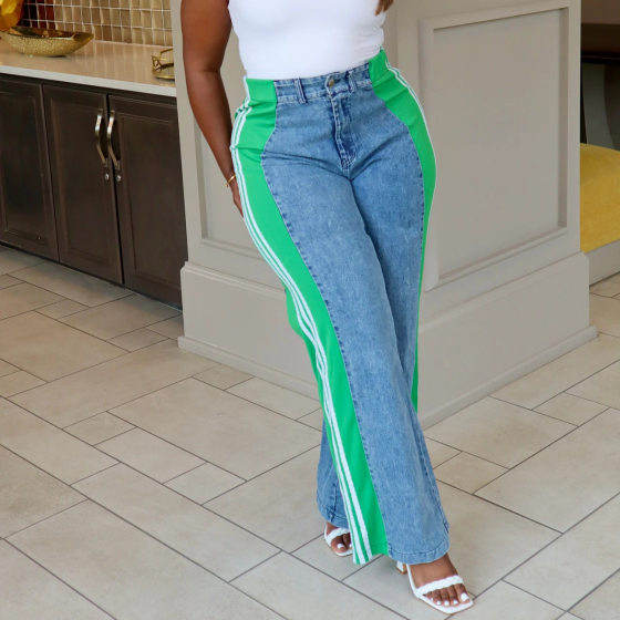 2025 European and American Cross-border Summer Fashion Stitching Striped Wide-leg Casual Elastic Straight-leg Pants Denim Pants 8001