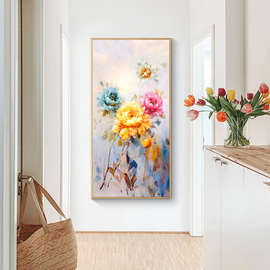 花卉纯新中式画牡丹花玄关装饰画竖版走廊尽头挂画开手绘油画富贵