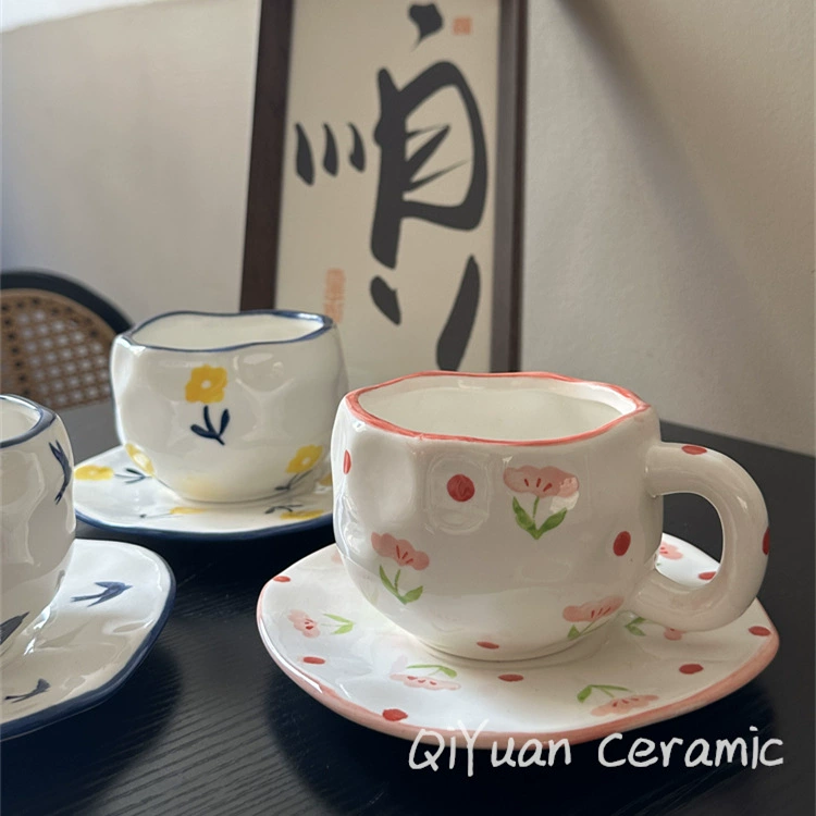 Ceramic coffee cup set INS Japanese retro, hand-painted irregular saucer, vintage style