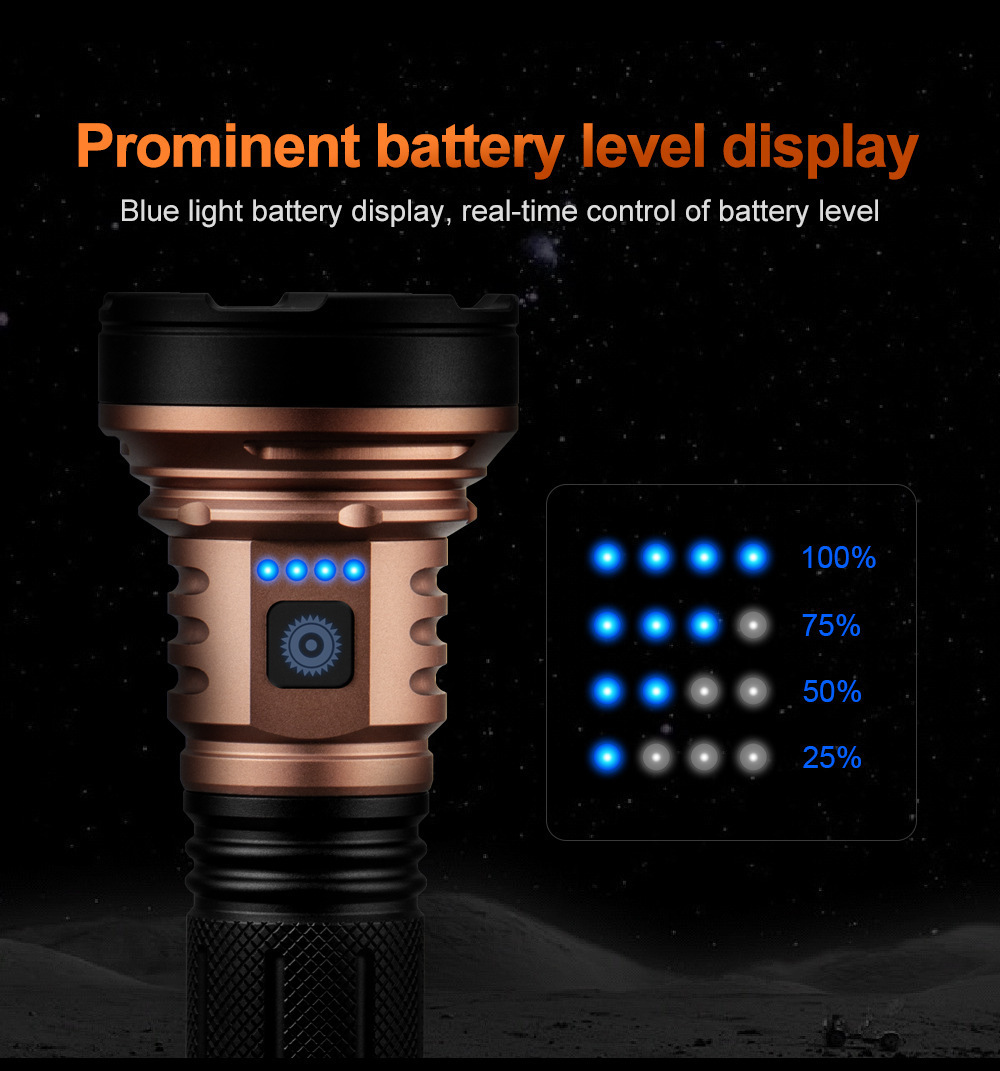 Outdoor high-brightness flashlight LED rechargeable lighting lamp for camping emergency use with multi-level adjustment and battery indicator