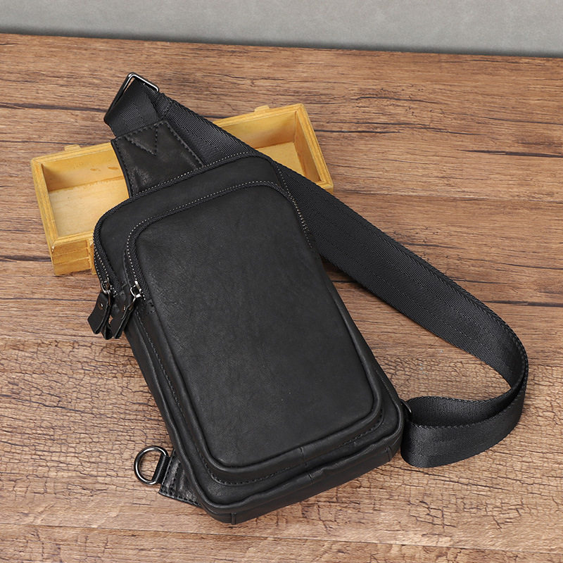 Túi đeo chéo trước ngực nam da bò thật 15×7×25 cm chống trộm — Màu đen