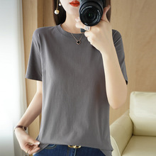 純棉新款夏季女圓領短袖萊卡純棉T恤寬松純色時尚簡約針織衫
