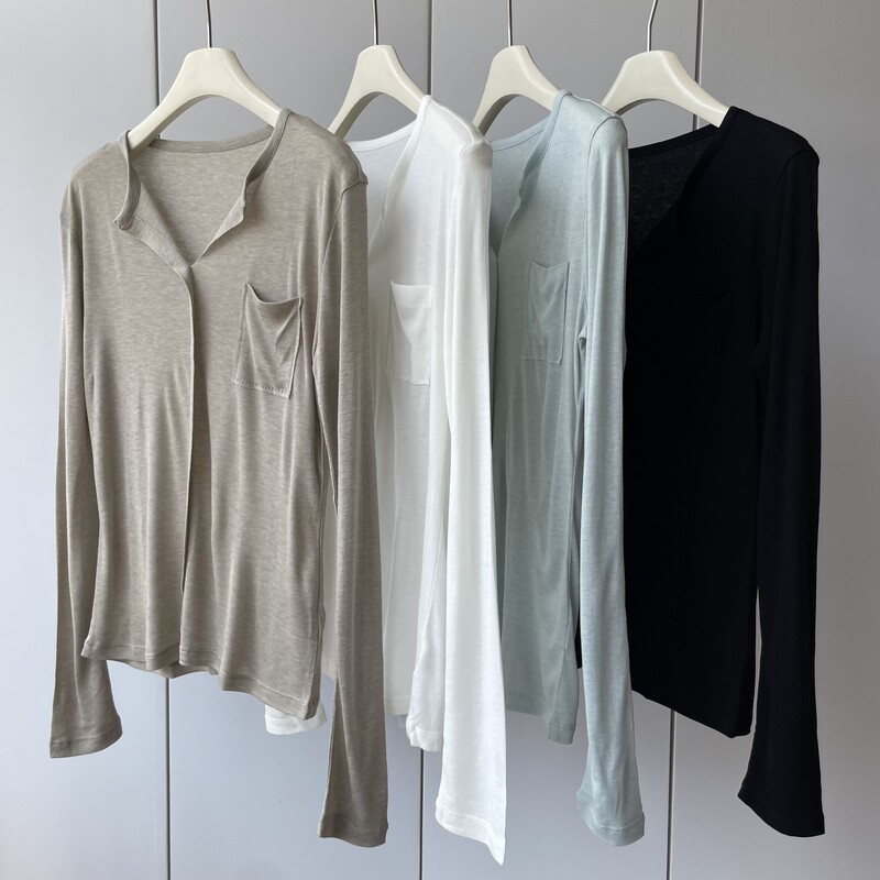 Mulberry silk Tencel is comfortable with sex! Scissors Collar Solid Color Elegant Loose Slimming Long-sleeved Pullover T-shirt Women's Autumn