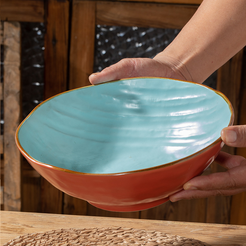 Retro Color-Blocked Japanese-Style Ceramic Large-Capacity Household Bowl, High Aesthetic Value Household Dish Bowl, Tableware, Ramen Bowl, Soup Bowl