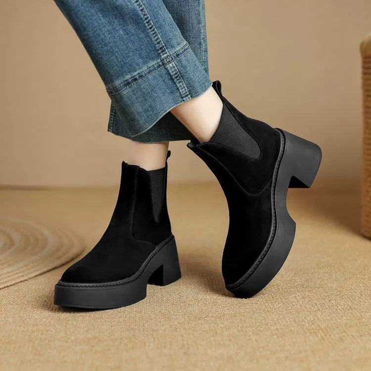 Британские сапоги Челси с толстой подошвы женские кожаные тощие сапоги 2024 новые осенние и зимние сапоги на каблуках на высоком каблуке