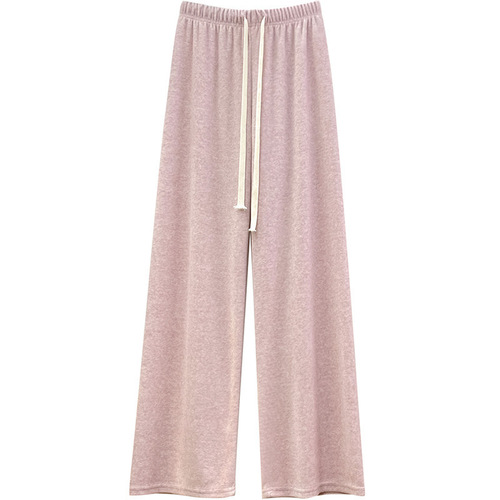 Pink Cashmere Fleece Knit Pants for Girls Autumn and Winter, Thicken and Warm, High-Waisted, Flowy Loose Straight Wide Leg Pants