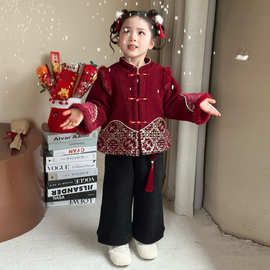 女童汉服古风套装拜年服冬小童加绒红色中国风唐装宝宝马年演出服