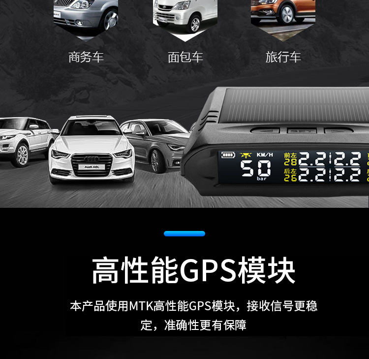 Car Hud Head-Up Display Gps Speed Time Altitude Tire Pressure Temperature Solar Wireless Monitor Smart