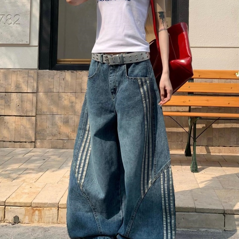大码美式复古街头水洗解构弯刀牛仔裤新款三条杠条纹拼接阔腿长裤|undefined