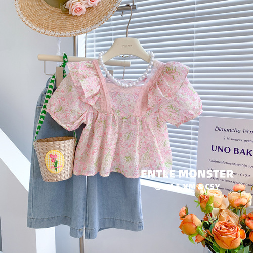 Child star Yuan 2024 summer children's Korean short-sleeved tops girls baby temperament sweet pink lace shirt