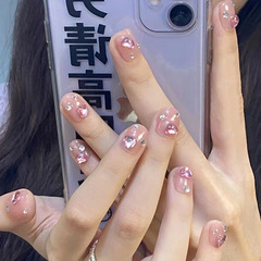 夏日甜心冰透粉帶鑽穿戴美甲貼片成品短款純欲風假指甲甲片可拆卸