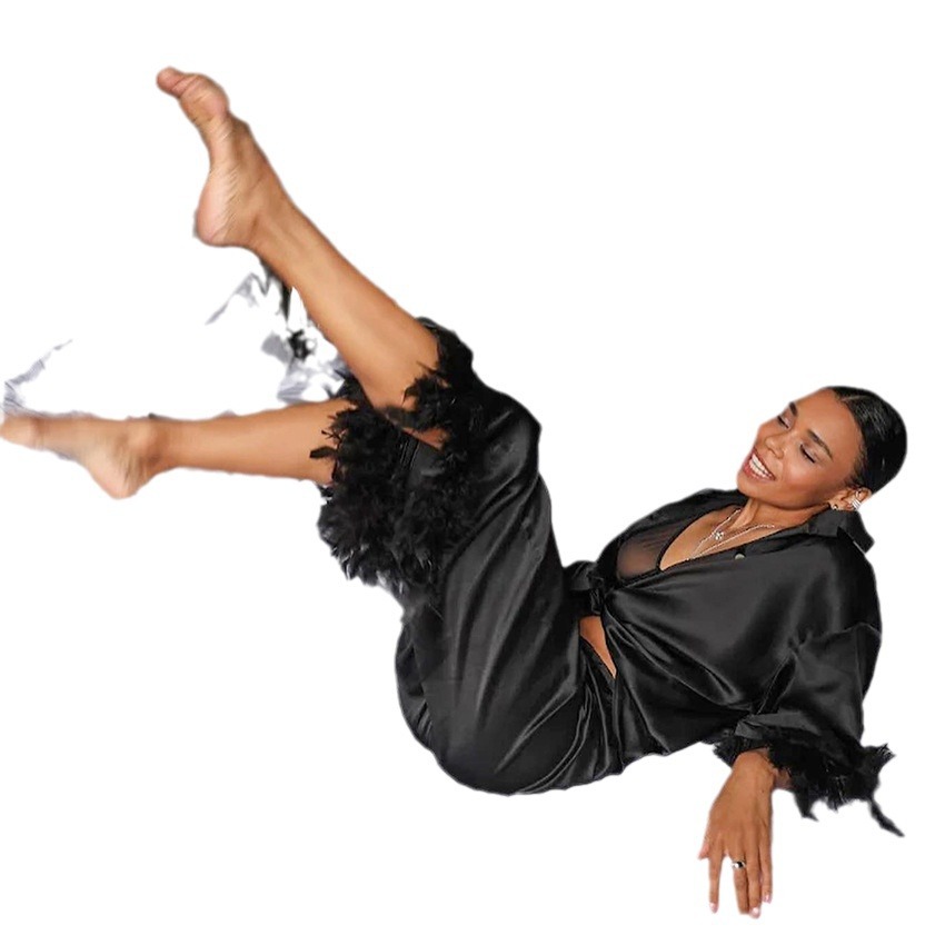 2024 Herbst Schwarz Tintin Gespleißt Feder Nachtwäsche Zwei Stück Set Lose Langarm Hosen frauen Hause Kleidung_voghion.com