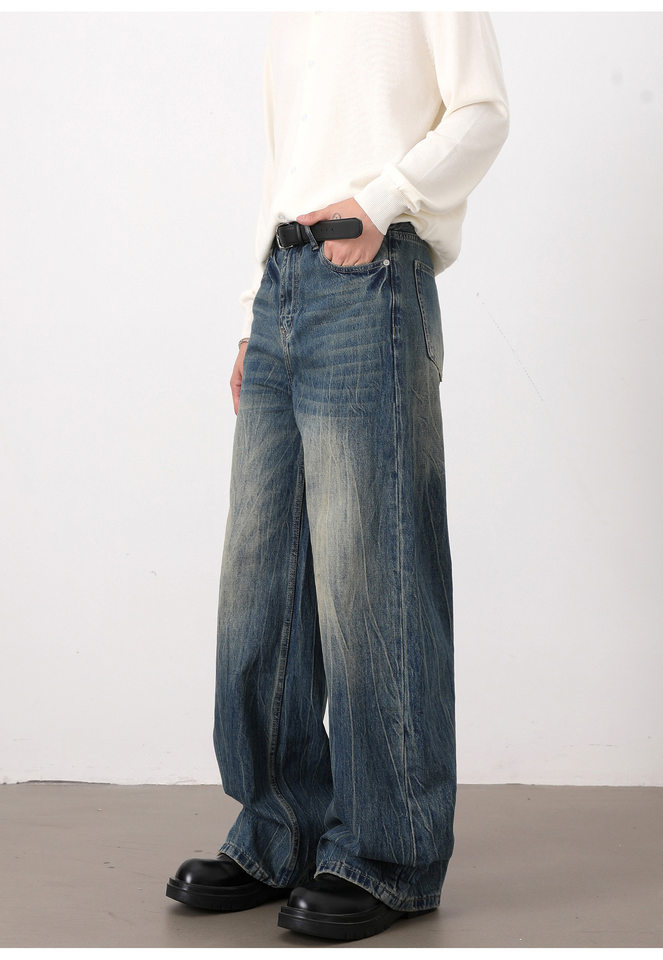 Quần jean nam ống rộng dáng suông màu xanh wash, râu mèo, phong cách đơn giản dễ phối đồ — Màu xanh dương chi tiết 12