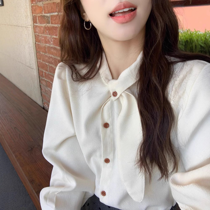 French Retro White Bow Tie Top for Women in Autumn and Winter with Puff Sleeves Corduroy Shirt Design with Inner Shirt