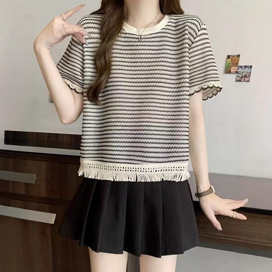 Crewneck Striped Shoulder Short-sleeved T-shirt Women's Summer New plus size Women's Loose Slimming Tassel-rimmed Short Top