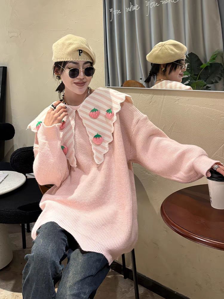 草莓娃娃领毛衣女2024韩国东大门冬季新款宽松减龄粉色长袖针织…