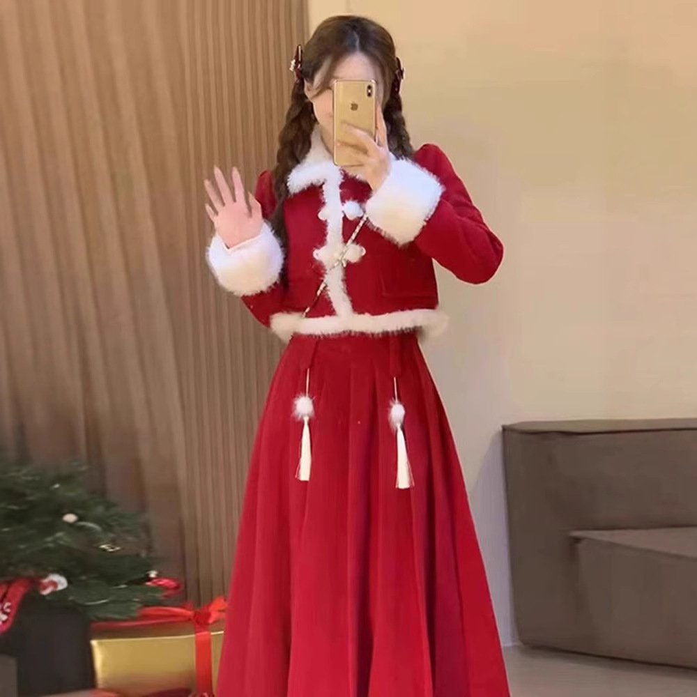 红色本命年外套连衣裙两件套女秋冬2025新款宴会礼服圣诞新年裙子