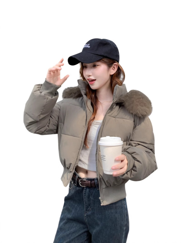 2025冬季新款宽松显瘦毛领连帽短款羽绒棉服女收腰加厚棉衣外套|undefined