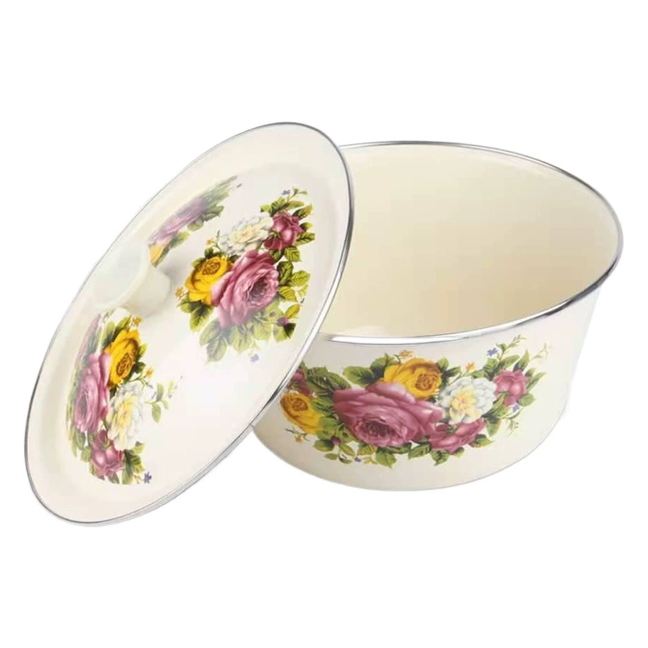 Ностальгическая эмалированная раковина в стиле ретро с крышкой для раковины для сала Утолщенная раковина для супа с печатью логотипа для сохранения свежести и горшок для кипячения лапши с китайской медициной