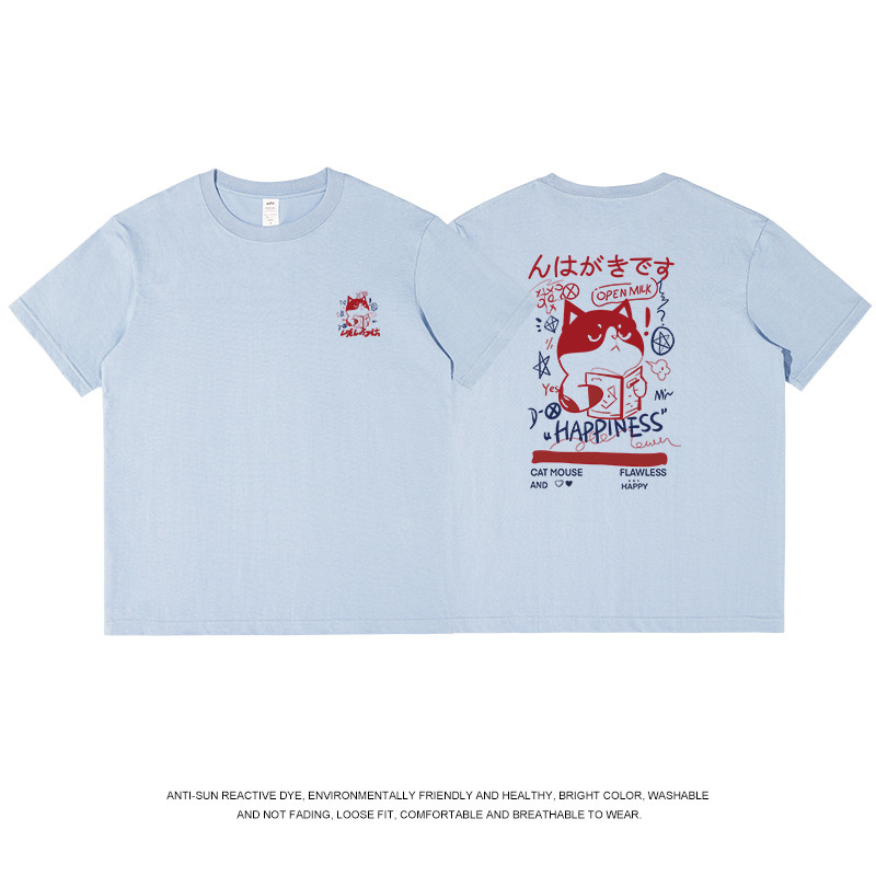 通勤用、普段着に使える、猫プリントの純綿半袖Tシャツ。メンズ、レディース兼用、和風レトロ、新作、ラウンドネック、夏服、トレンドブランド。|undefined