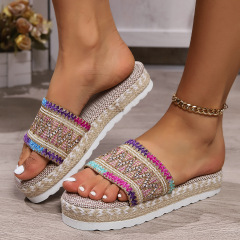 European and American foreign trade large size thick bottom colorful slippers women 2024 new style jute candy color one-line foreign trade fish mouth shoes 