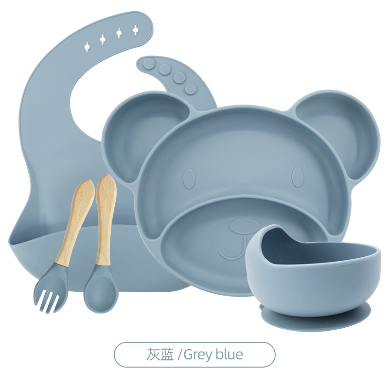 그레이 블루 5 피스 세트 (턱받이 + 작은 미키 플레이트 + 그릇 + 나무 포크 스푼)