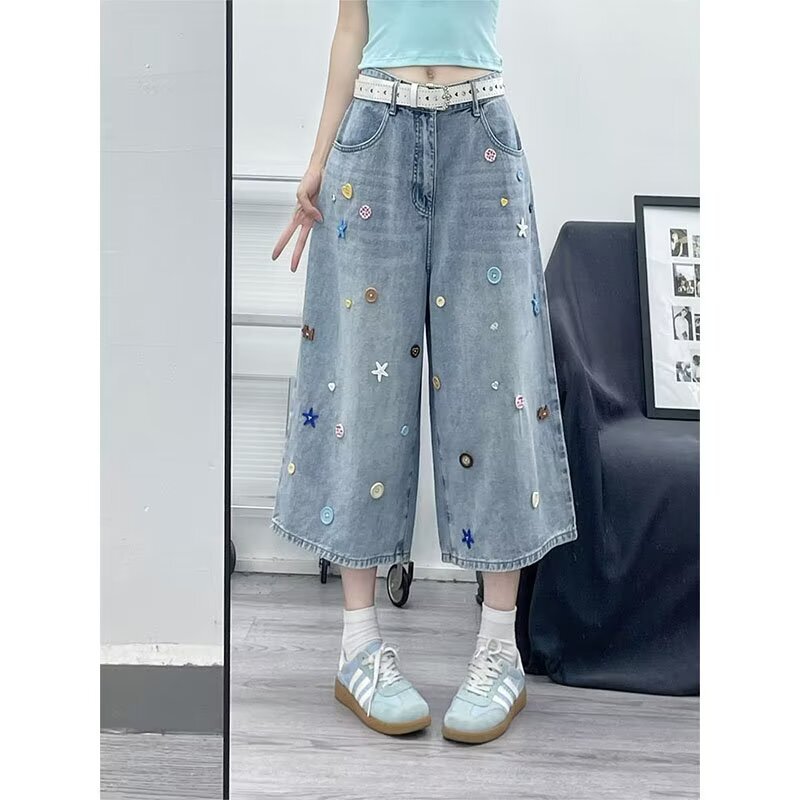 Light-Colored Denim Shorts for Women, Slim-Fit Wide-Leg Pants, Plus-Size Retro Summer New Style, American-Style Colorful Buttoned Capri Pants