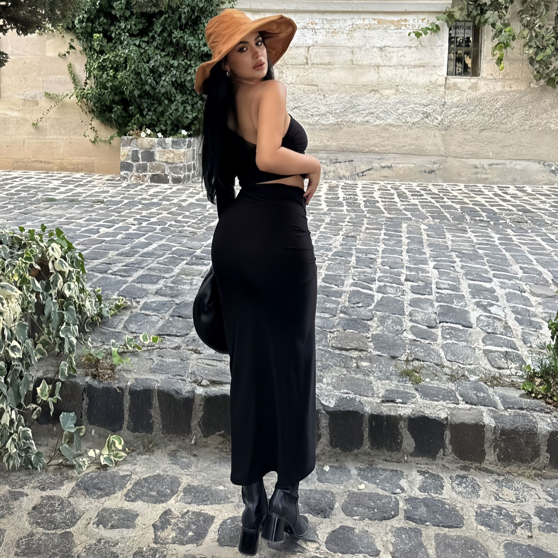 Women Clothing Autumn Winter Sexy Solid Color Split Slim Fit Diagonal Collar Floor Dress Women