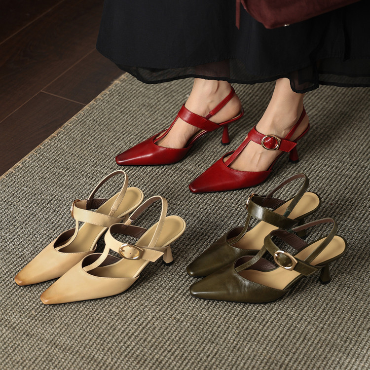 French-Style Retro T-Strap Closed-Toe Sandals, New Summer Style Shallow High-Heeled Pointed-Toe Single Shoes, Wholesale French-Style Retro T-Strap Closed-Toe Sandals, New Summer Style Shallow High-Heeled Pointed-Toe Single Shoes, Wholesale