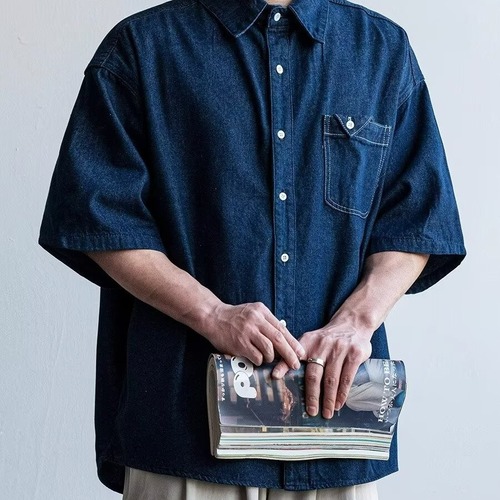 2025 Summer New Japanese Retro Workwear Blue Denim Short-Sleeve Shirt for Men and Women Loose Couple's Shirt Jacket