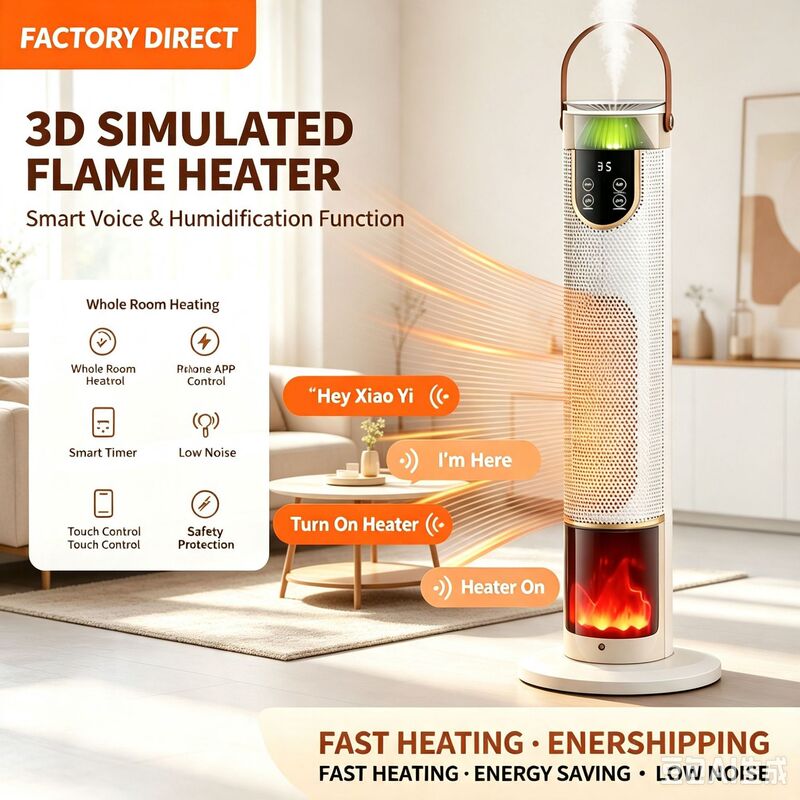 3D Simulated Flame Humidifying Voice-Controlled Heater for Home Use, Fast Heating, Vertical Electric Heater, Energy-Saving, Low-Noise Heater, Cross-Border