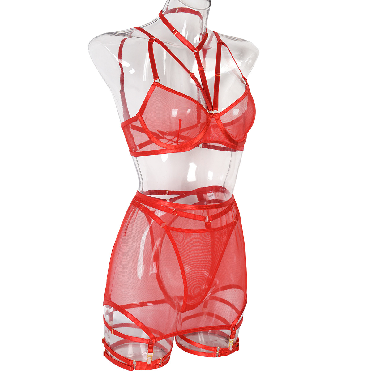 Red Color Sheer Skirted Three Piece Lingerie Set