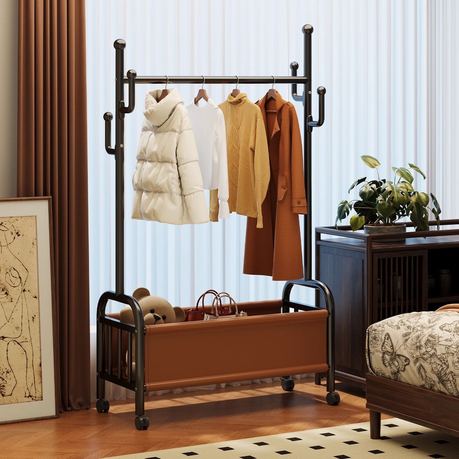 Floor-Standing Clothes Drying Rack, Multifunctional Coat Rack, Light Luxury Home Clothes Indoor Bedroom Mobile Storage