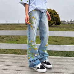 クロスボーダー夏 2025 新デザイン刺繍デニムパンツ男性と女性のためのハイストリートカジュアルパンツルーズドレープワイドレッグ
