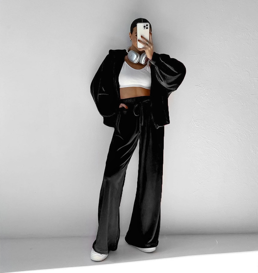 2024 hiver nouveau costume en velours mode européenne et américaine fermeture éclair à manches longues style sport pull à capuche costume décontracté_voghion.com