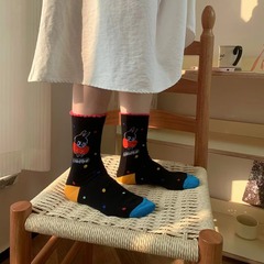 labubu襪子女潮牌卡通插畫木耳邊紅色兔子襪中筒襪ins潮春夏棉襪