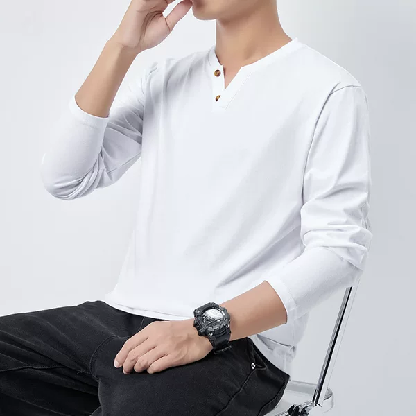 Autumn Base Layer with Buttoned V-Neck Long-Sleeve Men's Plus-Size Loose Pure Cotton Two-Button T-Shirt Wholesale from Manufacturer