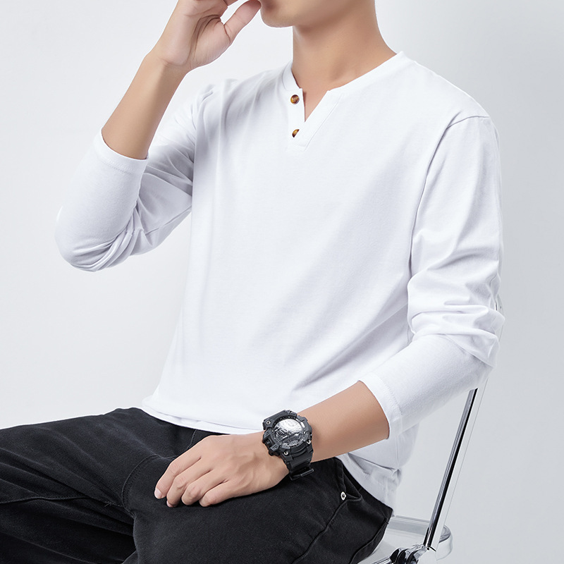 Autumn Base Layer with Buttoned V-Neck Long-Sleeve Men's Plus-Size Loose Pure Cotton Two-Button T-Shirt Wholesale from Manufacturer