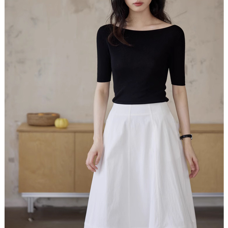 French Style One-character Collar Tencel Mid-sleeve Seamless Sweater Women's Summer Thin Half-sleeve Elegant Top