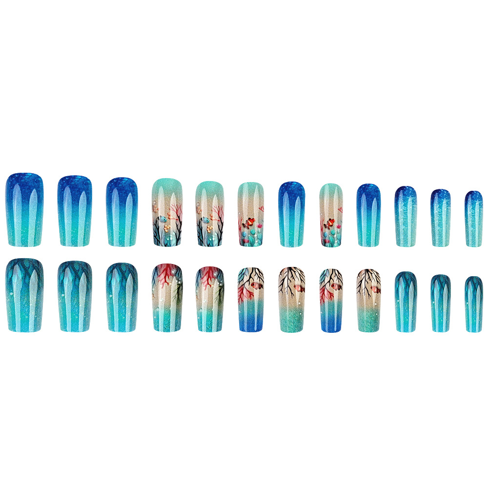 Verano mar gradiente fresco de usar uñas transfronterizas 24 piezas de la atmósfera de uñas blancas, uñas falsas en stock, suministro directo