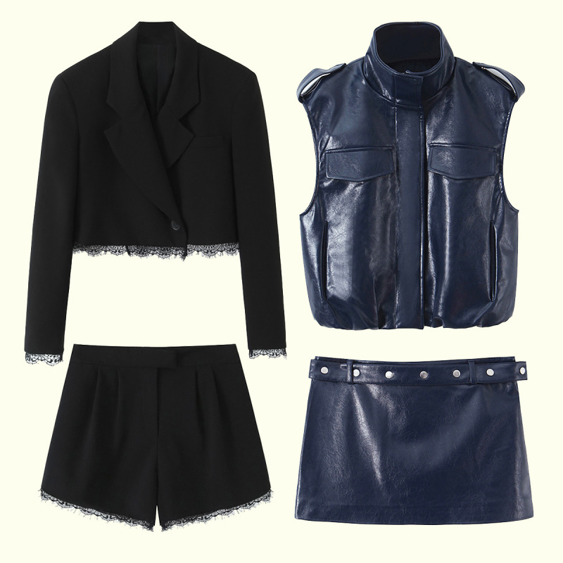 Women's Clothing Set: Lace Blazer, Casual Shorts, Leather Vest, Studded Mini Skirt Set Women's Clothing Set: Lace Blazer, Casual Shorts, Leather Vest, Studded Mini Skirt Set