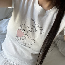 韩国2023春夏新款网红爱心小兔子印花圆领紧身气质短款短袖T恤女