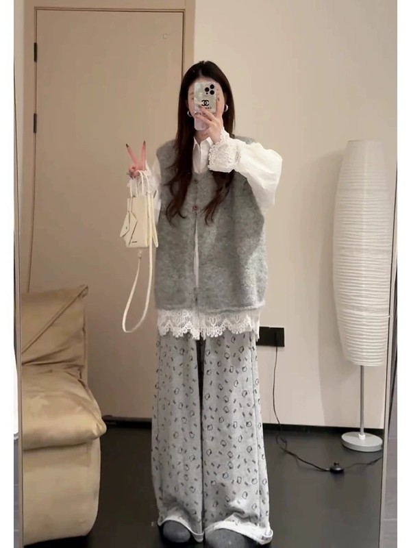 ootd小众不撞款韩系软糯针织马甲蕾丝拼接衬衫猫咪阔腿裤三件套装|undefined
