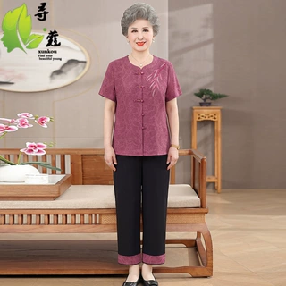 奶奶装短袖新款老年女装40-60岁大码宽松两件套老人家衣服衣服女