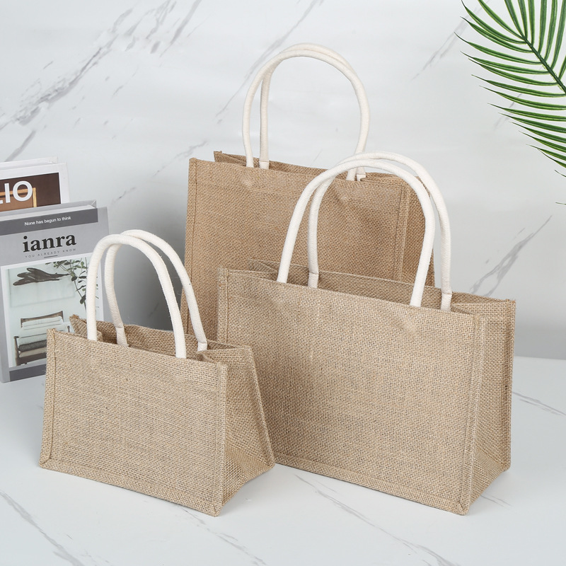 Bolsa de lino en blanco personalizado en stock cuerda de algodón bolsa de lino portátil vintage recubierto de lino grueso publicidad de compras bolsa de yute