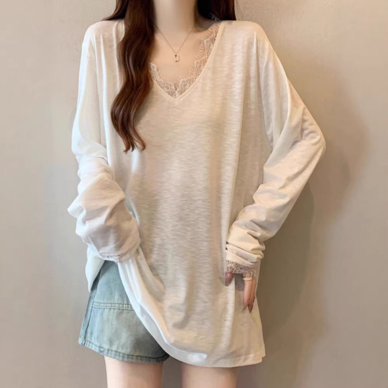 Bamboo Cotton White Straight Shoulder Long Sleeve T-Shirt for Women 2026 Spring/Summer Thin Plus Size European Style Lace V-Neck Mid-Length Top Bamboo Cotton White Straight Shoulder Long Sleeve T-Shirt for Women 2026 Spring/Summer Thin Plus Size European Style Lace V-Neck Mid-Length Top