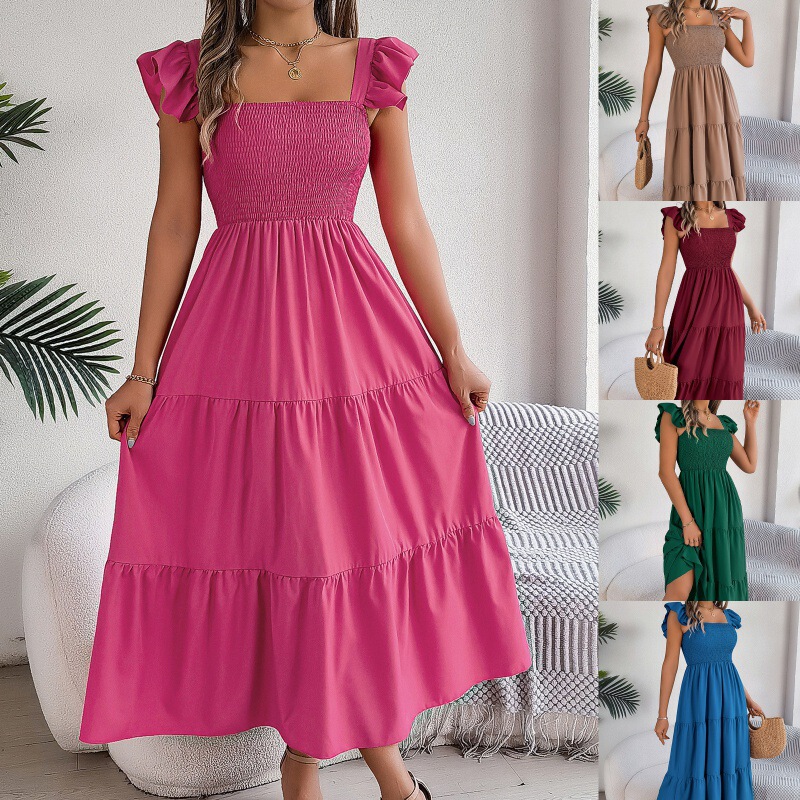 Cross-border Amazon Summer New Casual Butterfly Short-sleeved Crewneck Pleated Elastic Waist Layered Mid-length dress