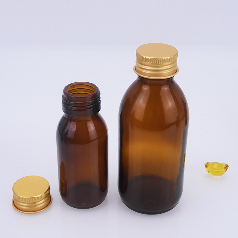 茶色のガラス製経口液体ボトル、茶色の薬用遮光シロップ包装サンプルボトル、密封酵素ボトル、健康薬ボトル|undefined