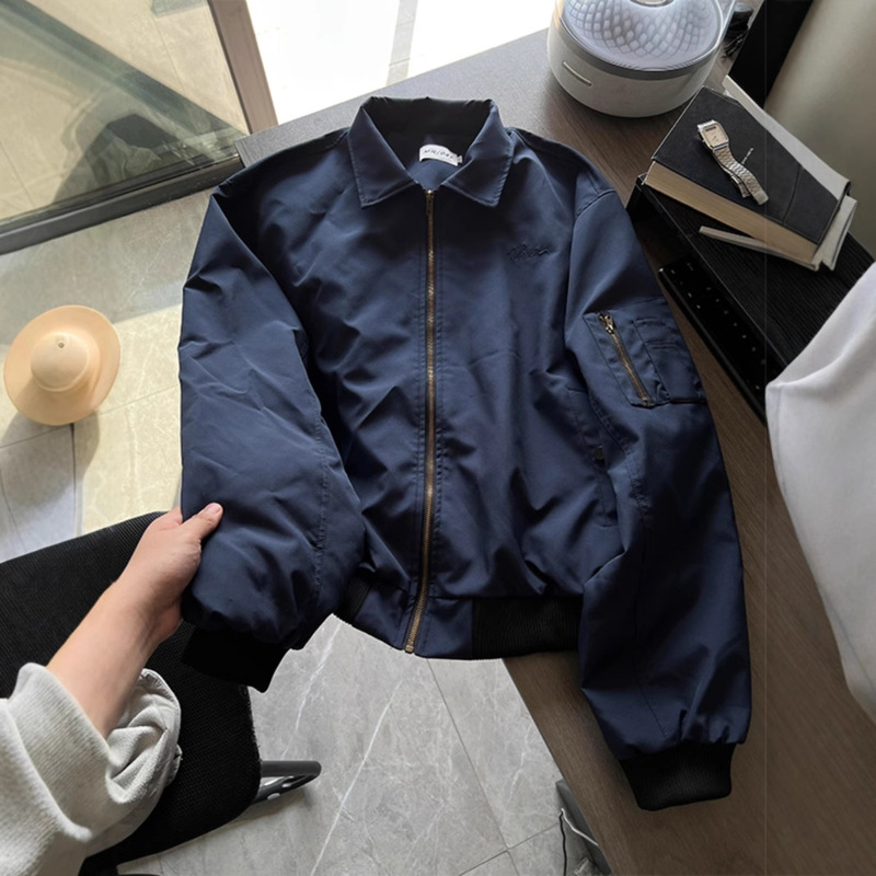 Bomber American Bomber Jacket Men's Spring and Autumn navy blue Short Shoulder cleanfit Baseball Suit Jacket Bomber American Bomber Jacket Men's Spring and Autumn navy blue Short Shoulder cleanfit Baseball Suit Jacket