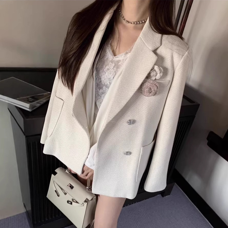 French-Style White Floral Sequined Loose Blazer for Women, Elegant and Sophisticated Ol Casual Vacation Suit Jacket
